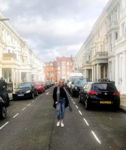 Maxene, walking through a London Street in South Kensington