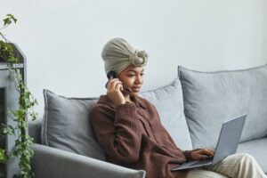 Women with headset on a work call